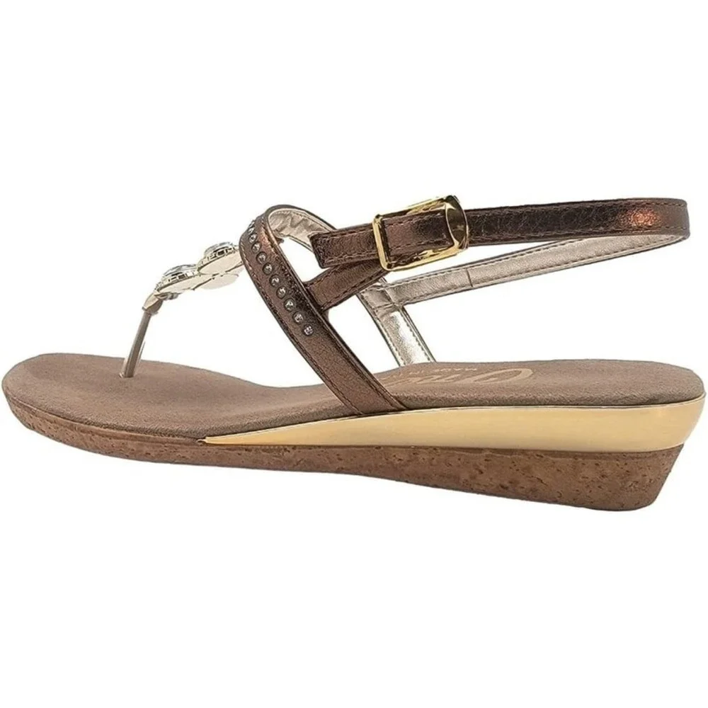 Women's Onex Leather Wedge Slide Sandals Bronze Swarovski Crystal Italy Size 10